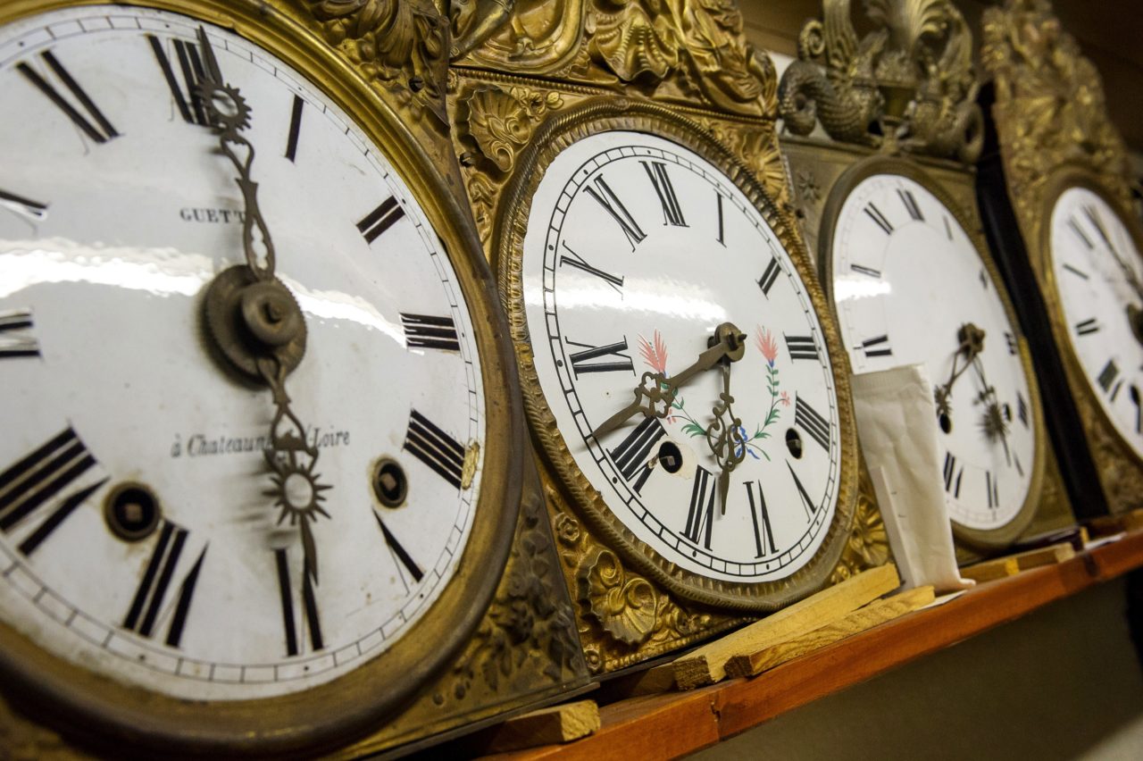 Grandfather clocks are pictured in a clock collection in central France, on March 24, 2015. This year, clocks will spring forward an hour to summer time on March 30, 2015. Daylight saving time was first introduced in 1973 with the oil crisis for the sake of saving energy and is applied today in more than 70 countries. AFP PHOTO / GUILLAUME SOUVANT (Photo credit should read GUILLAUME SOUVANT/AFP/Getty Images)